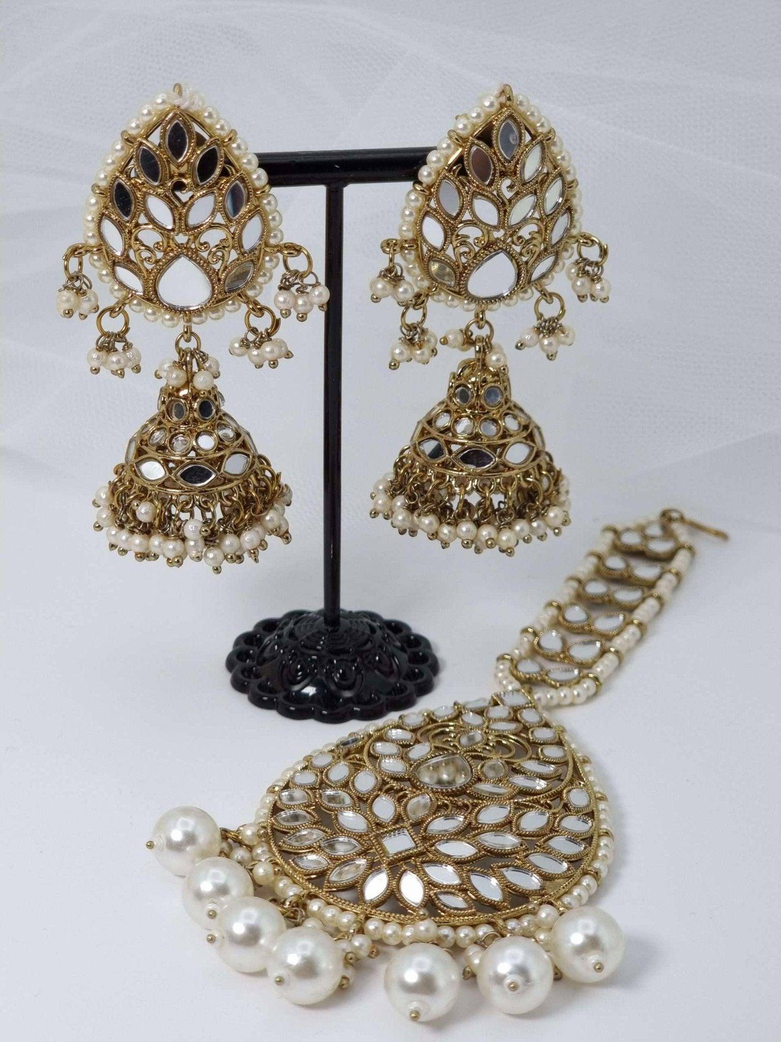 Antique Gold Mirror Jhumki with Oversize Tikka Set - Fancy Fab Jewels