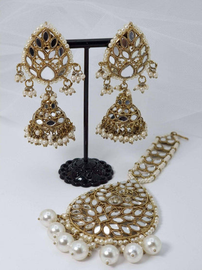 Antique Gold Mirror Jhumki with Oversize Tikka Set - Fancy Fab Jewels