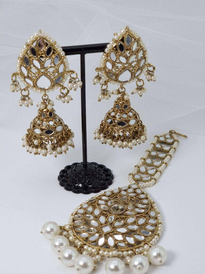 Antique Gold Mirror Jhumki with Oversize Tikka Set - Fancy Fab Jewels