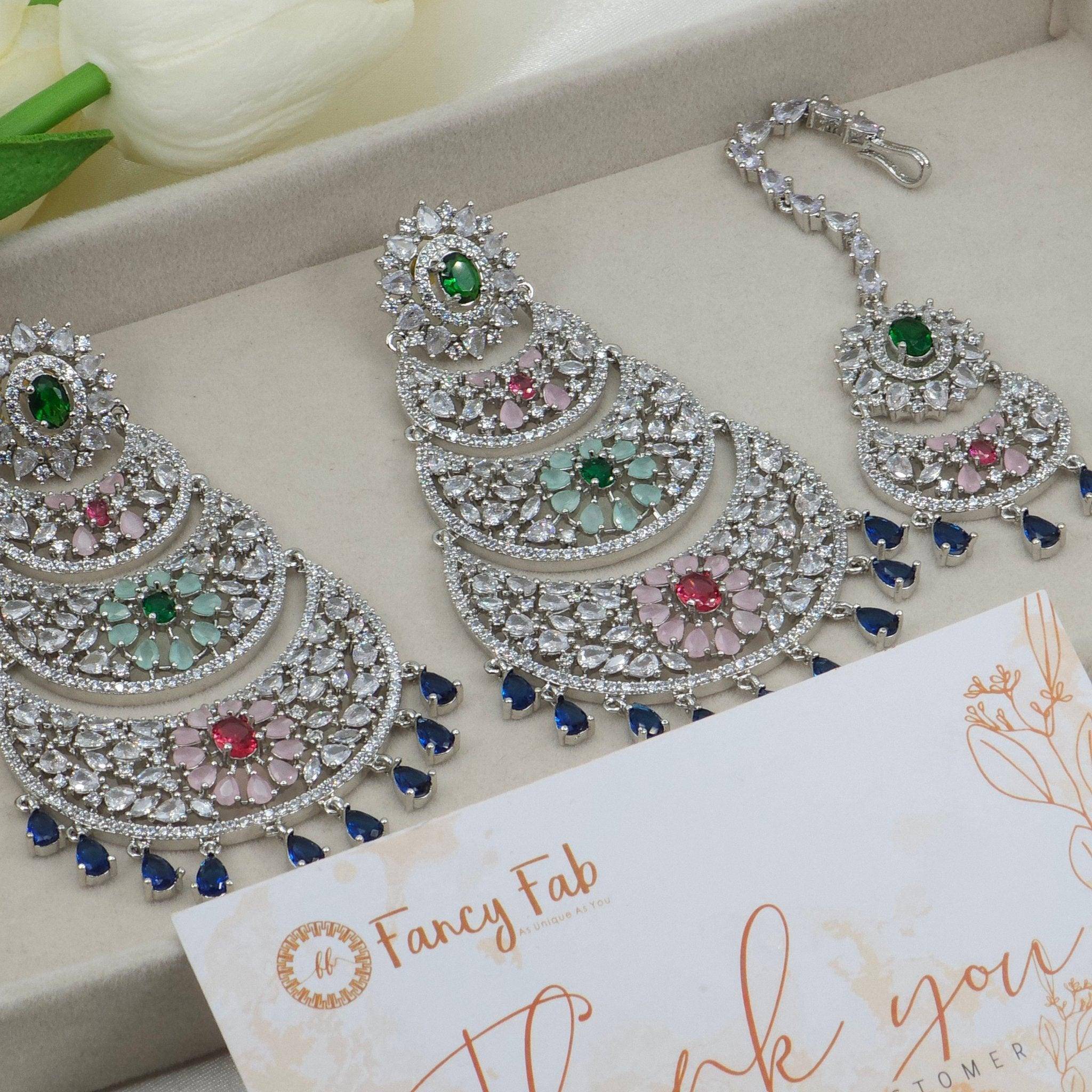 Haani American Diamond Large Earrings Tikka Set - Fancy Fab Jewels