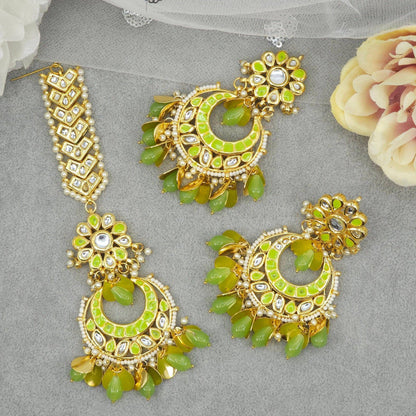 Lemon Green Kundan Pearl Chandbali Earrings Tikka Set - Fancy Fab Jewels