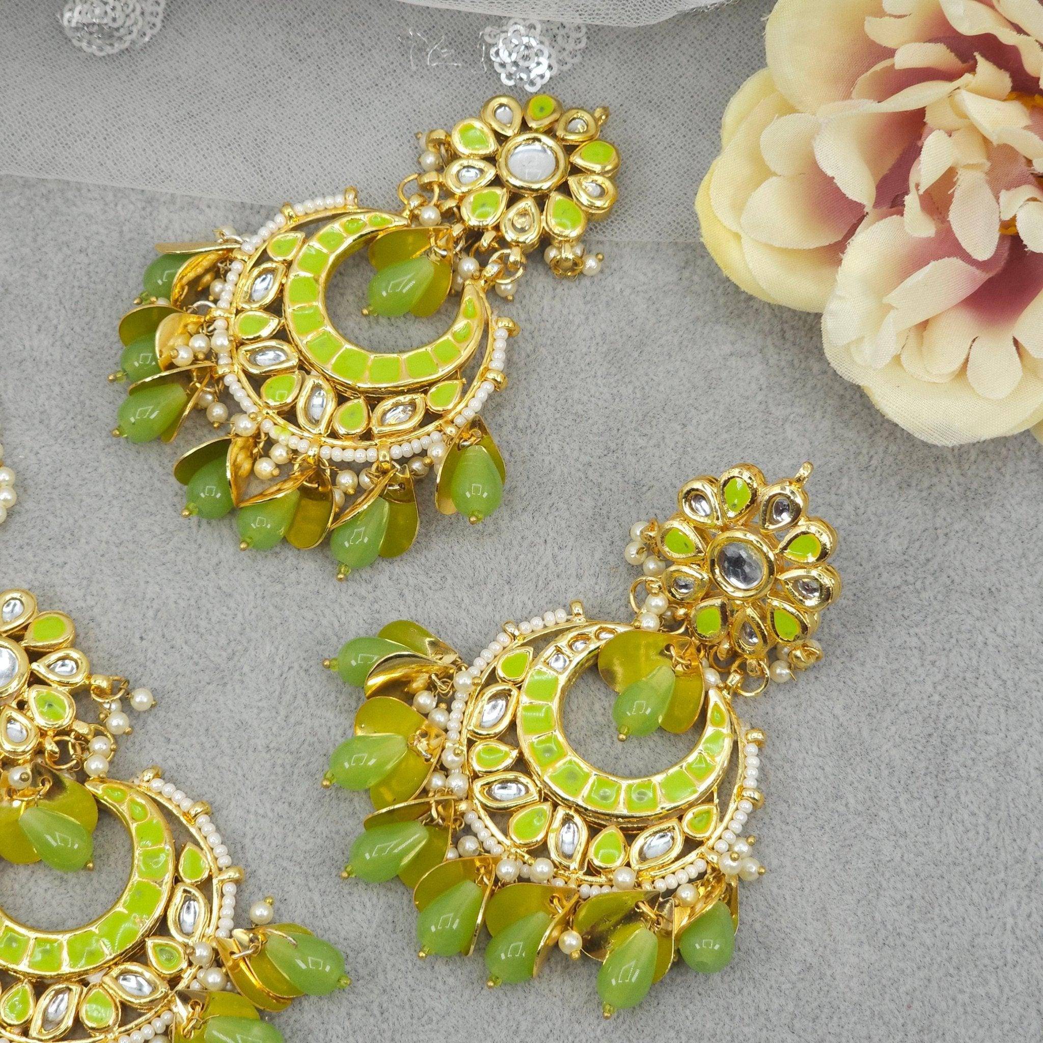 Lemon Green Kundan Pearl Chandbali Earrings Tikka Set - Fancy Fab Jewels