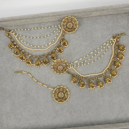 Manika Antique Gold Chain Earring Bahubali Tikka Set - Fancy Fab Jewels