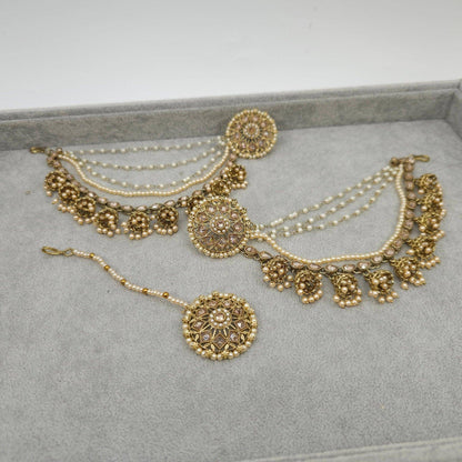 Manika Antique Gold Chain Earring Bahubali Tikka Set - Fancy Fab Jewels