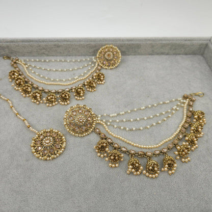 Manika Antique Gold Chain Earring Bahubali Tikka Set - Fancy Fab Jewels