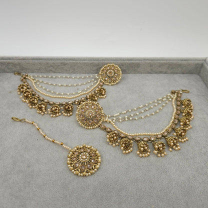 Manika Antique Gold Chain Earring Bahubali Tikka Set - Fancy Fab Jewels