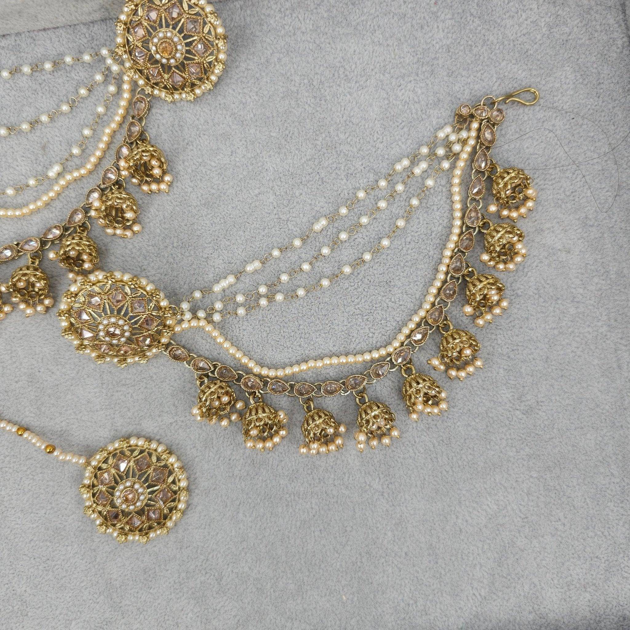 Manika Antique Gold Chain Earring Bahubali Tikka Set - Fancy Fab Jewels