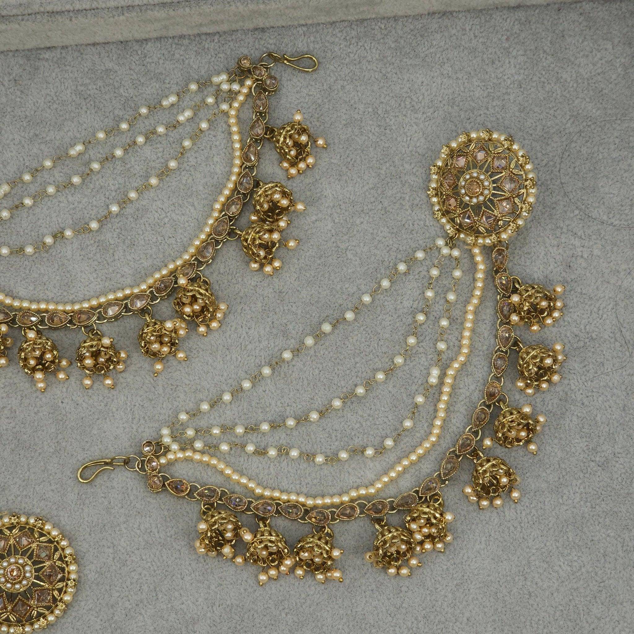 Manika Antique Gold Chain Earring Bahubali Tikka Set - Fancy Fab Jewels