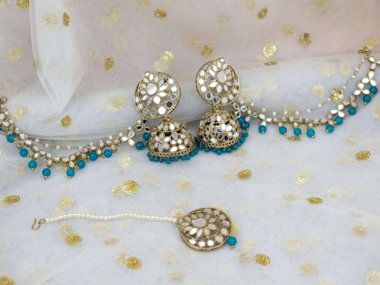 Sharon Earring and Tikka Set Teal - Fancy Fab Jewels