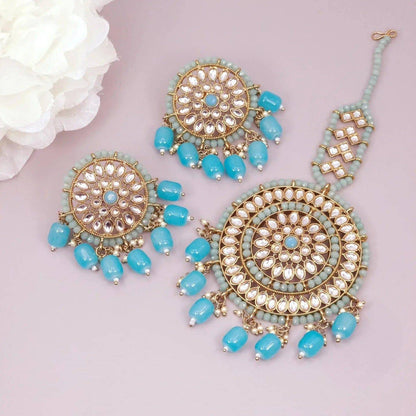 Simran Kundan Pearl Chandbali Earrings Tikka Set - Blue - Fancy Fab Jewels