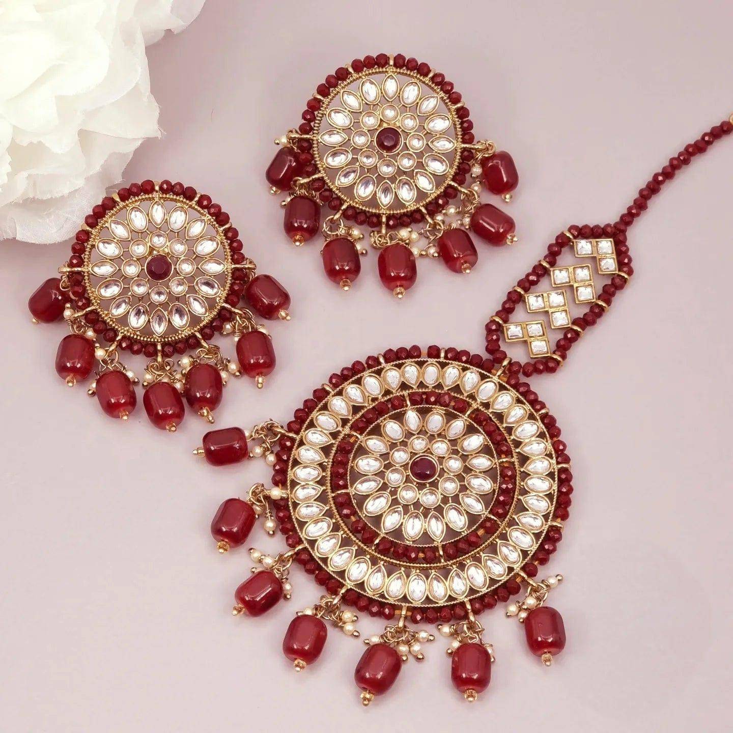 Simran Kundan Pearl Chandbali Earrings Tikka Set - Maroon - Fancy Fab Jewels