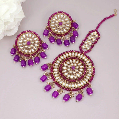 Simran Kundan Pearl Chandbali Earrings Tikka Set - Purple - Fancy Fab Jewels