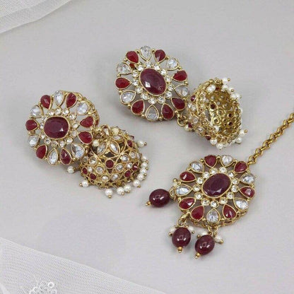 Sumbul Antique Gold Jhumki Tikka Set Maroon - Fancy Fab Jewels