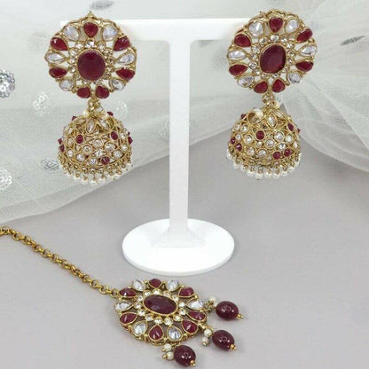 Sumbul Antique Gold Jhumki Tikka Set Maroon - Fancy Fab Jewels