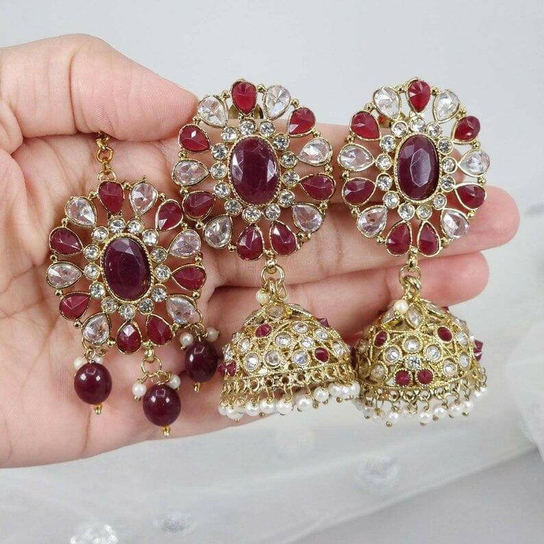 Sumbul Antique Gold Jhumki Tikka Set Maroon - Fancy Fab Jewels