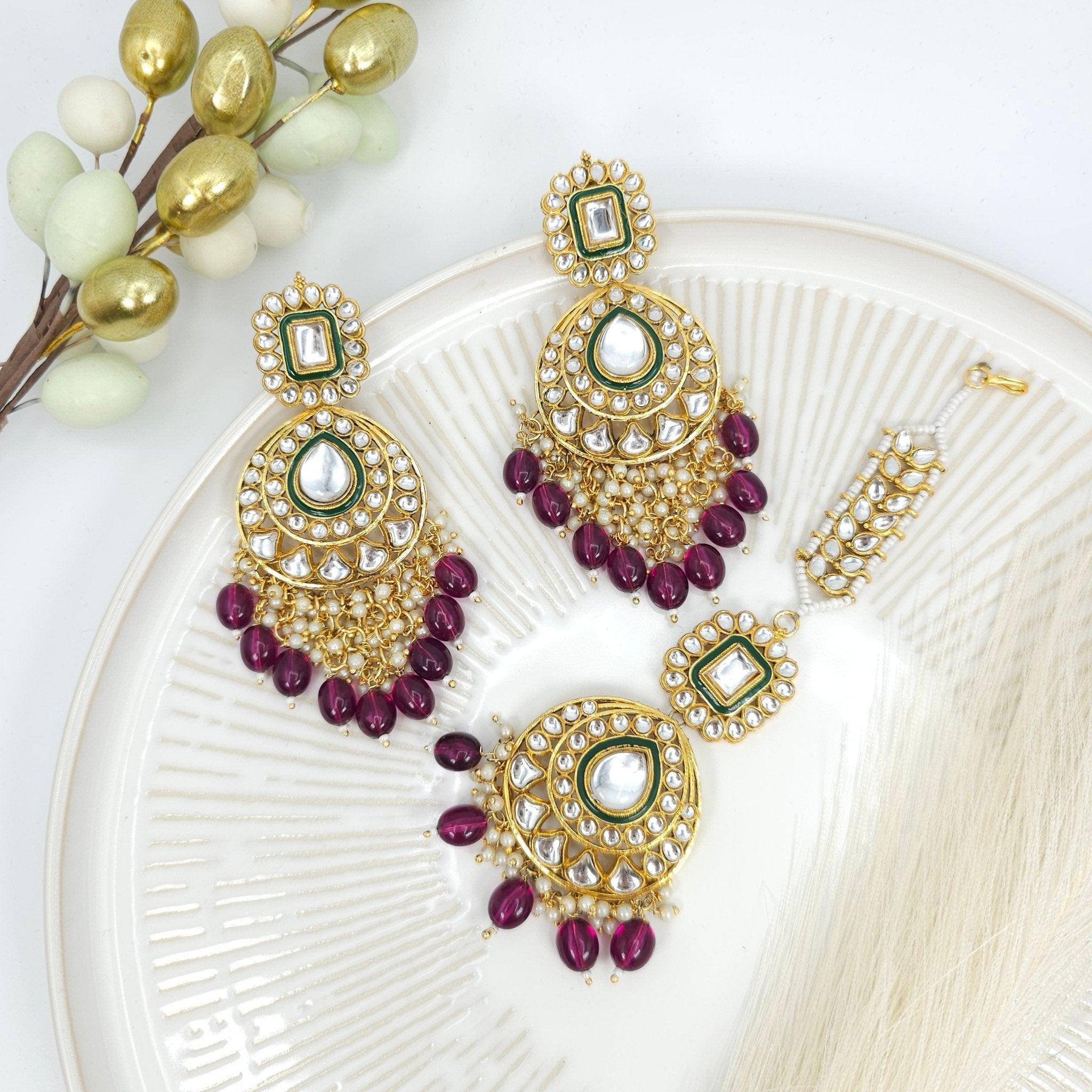 Faya Kundan Pearl Long Earrings Tikka Set - Fancy Fab Jewels