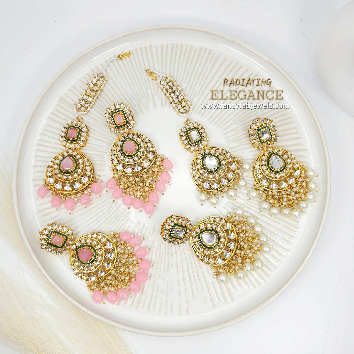 Faya Kundan Pearl Long Earrings Tikka Set - Fancy Fab Jewels