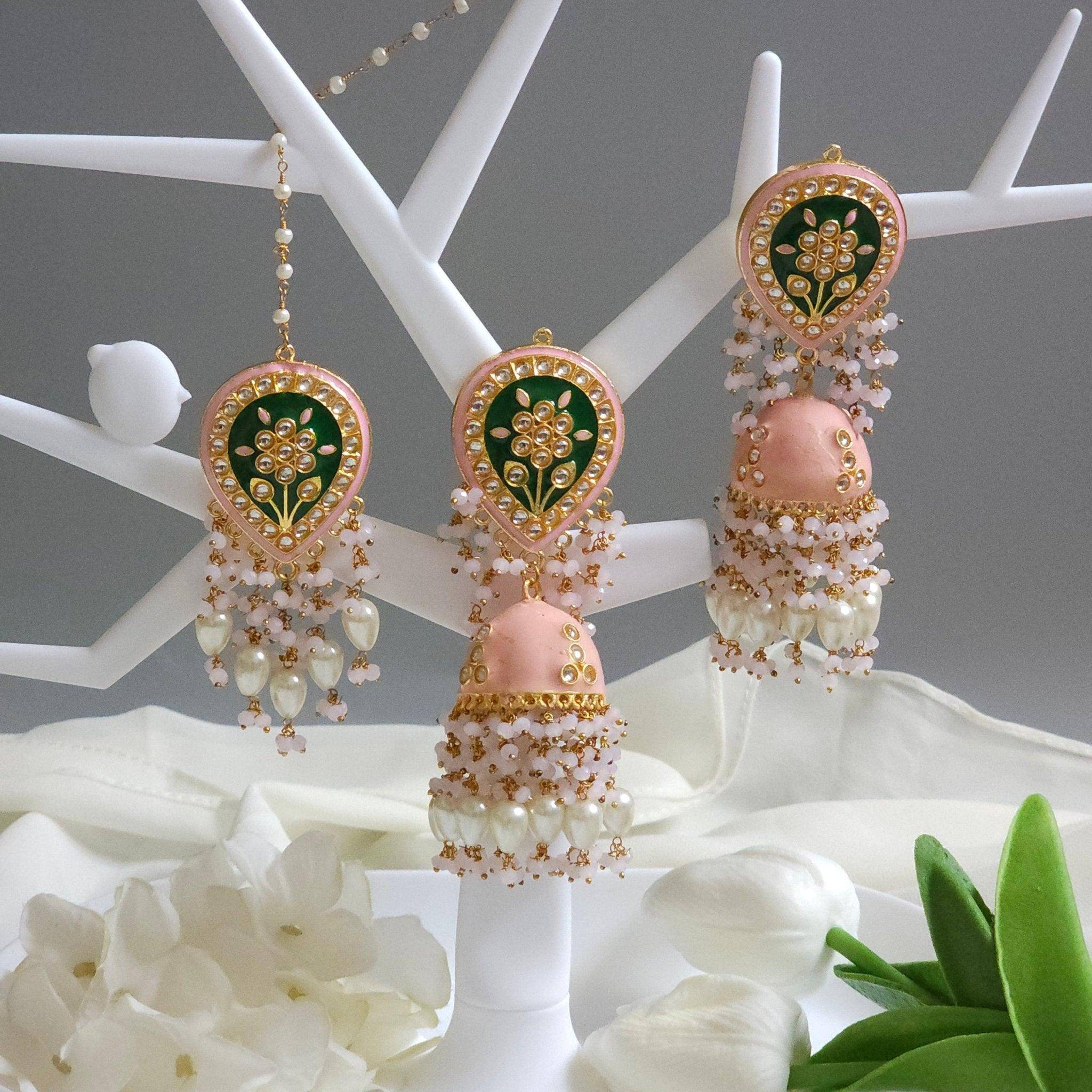 Kundan Minakari Statement Jhumka Earrings Tikka set - Fancy Fab Jewels