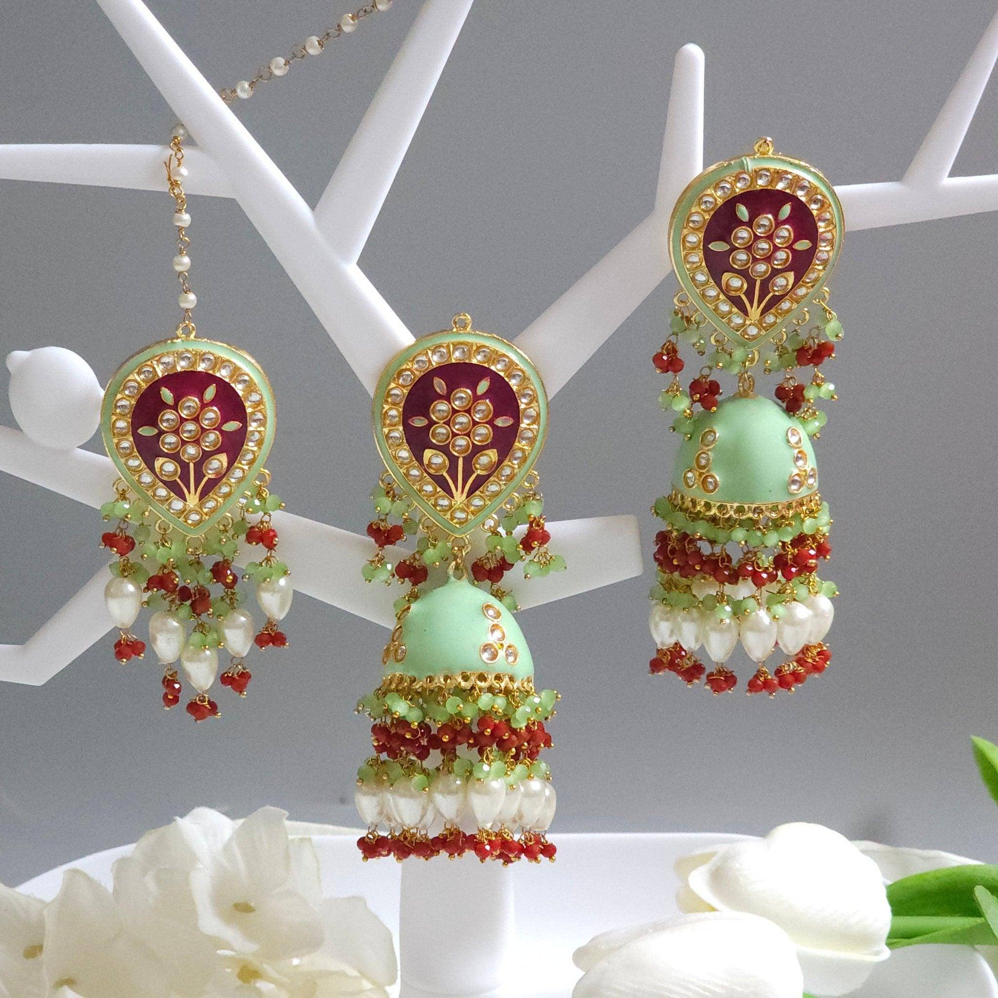 Kundan Minakari Statement Jhumka Earrings Tikka set - Fancy Fab Jewels