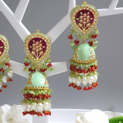 Kundan Minakari Statement Jhumka Earrings Tikka set - Fancy Fab Jewels