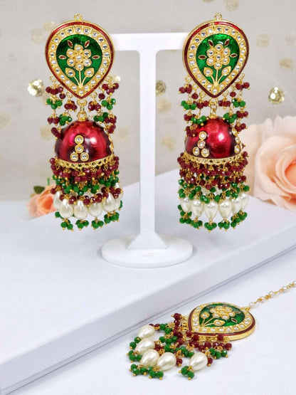 Kundan Minakari Statement Jhumka Earrings Tikka set - Fancy Fab Jewels