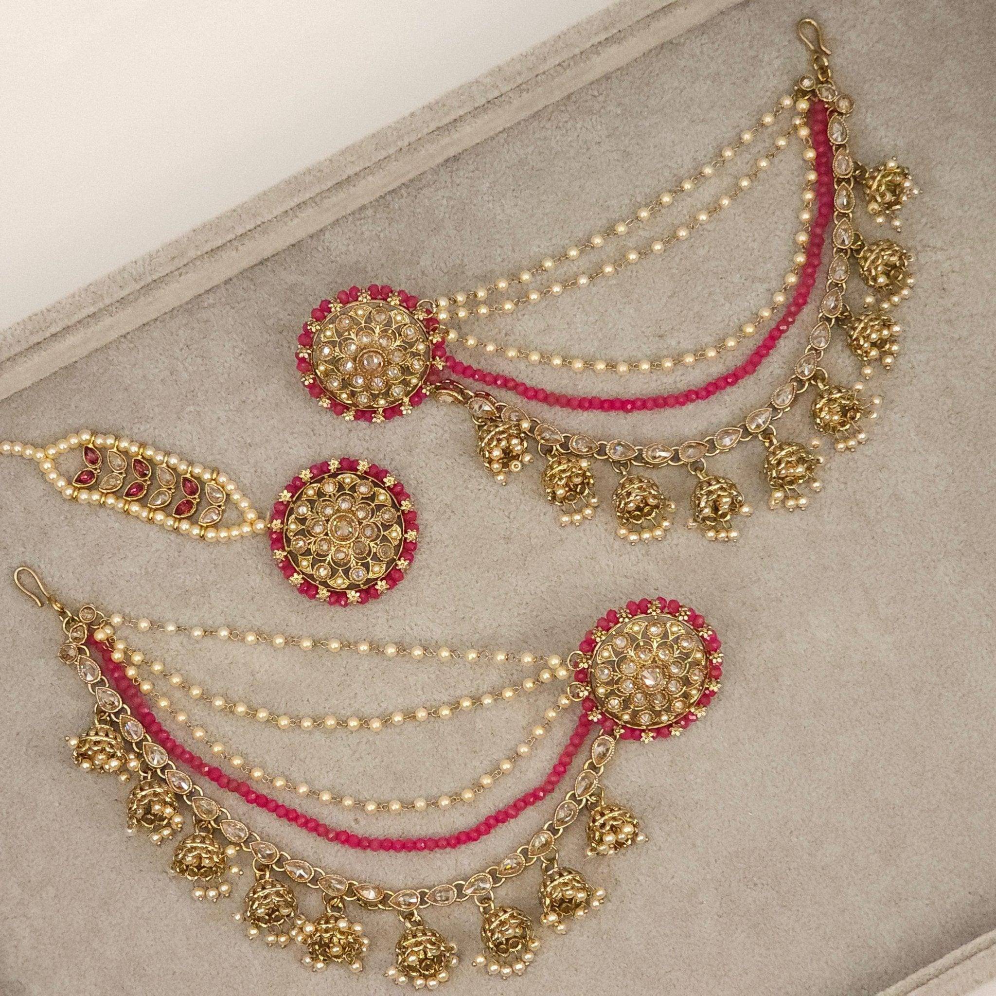 Raji Antique Gold Kundan Polki Detachable Stud Earrings with Tikka, Ear Chains - Fancy Fab Jewels