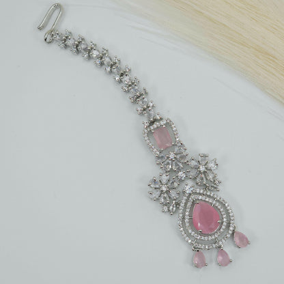 fancy fab Jewels Tikka Silver Pink Veena CZ Mangtikka