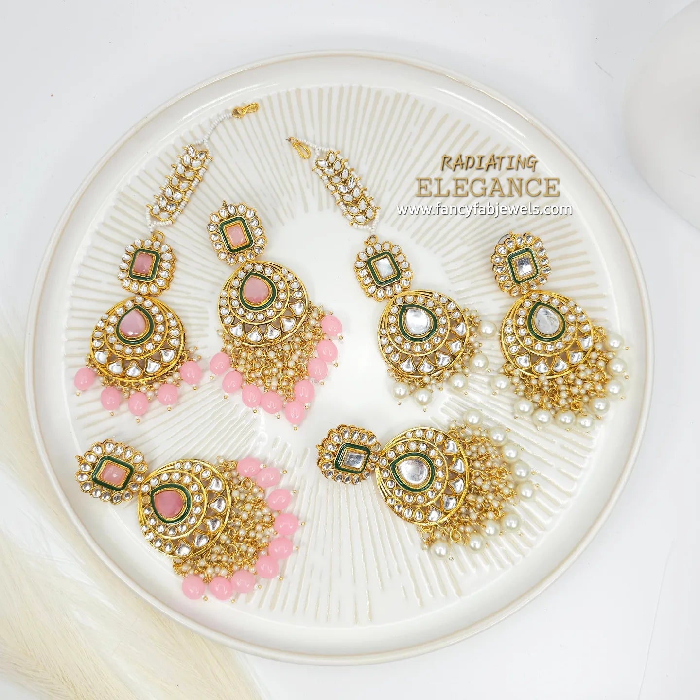 Faya Kundan Pearl Long Earrings Tikka Set - Fancy Fab Jewels