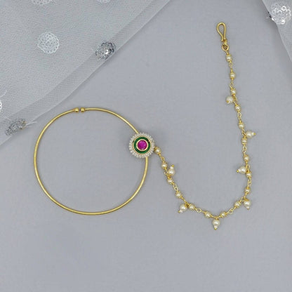 Gold plated Kundan Bridal Nose Ring with chain - Fancy Fab Jewels