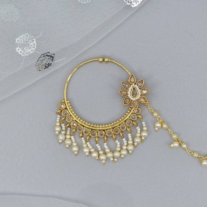 Gold plated Kundan Bridal Nose Ring with chain - Fancy Fab Jewels
