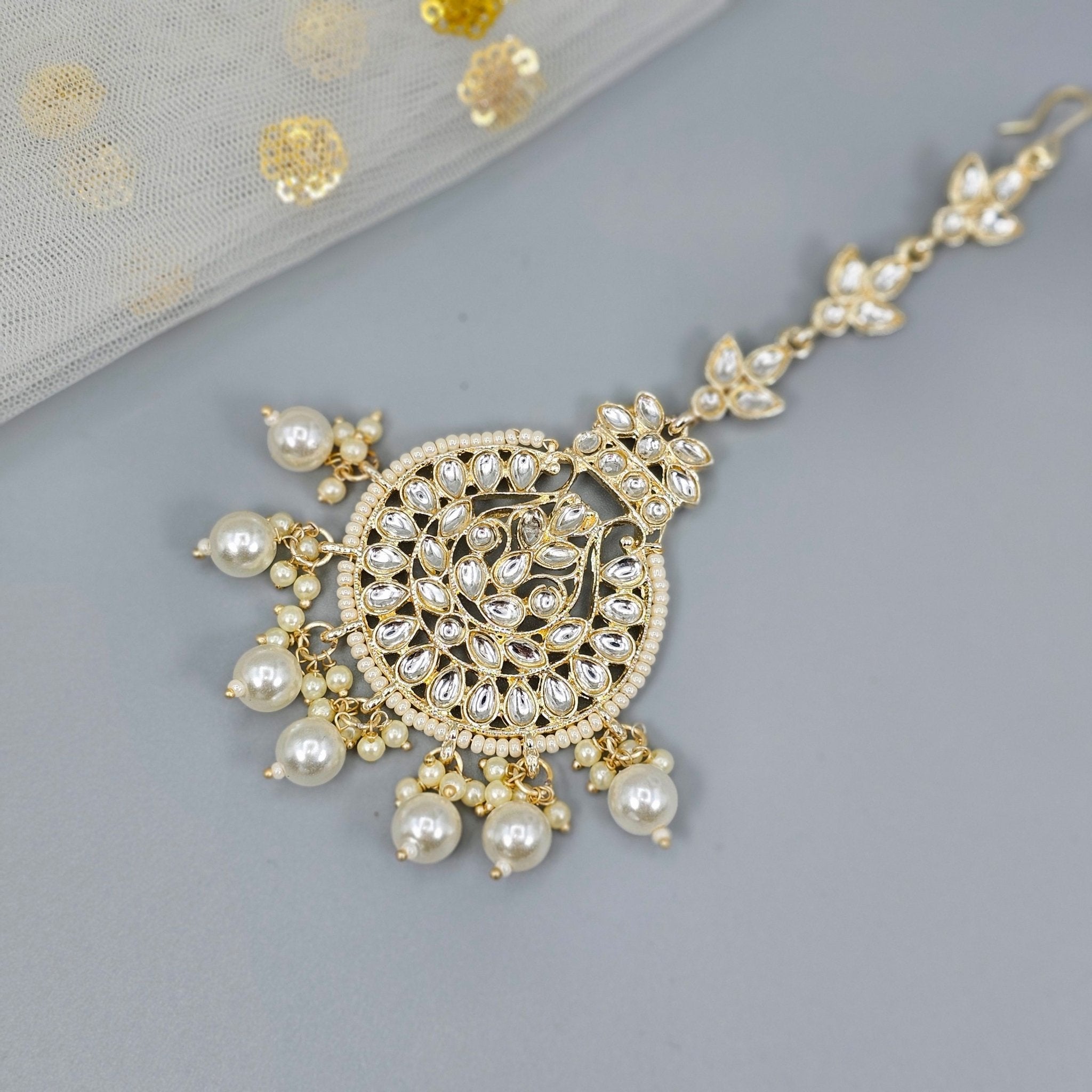 Gold Plated round shape Kundan Polki Maang Tikka - Fancy Fab Jewels