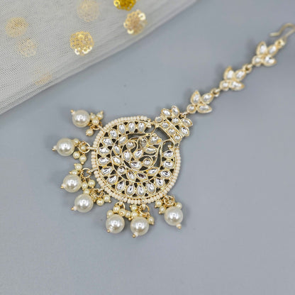 Gold Plated round shape Kundan Polki Maang Tikka - Fancy Fab Jewels