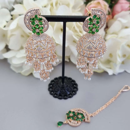 Jhumki Tikka Set Rose Gold Green - Fancy Fab Jewels