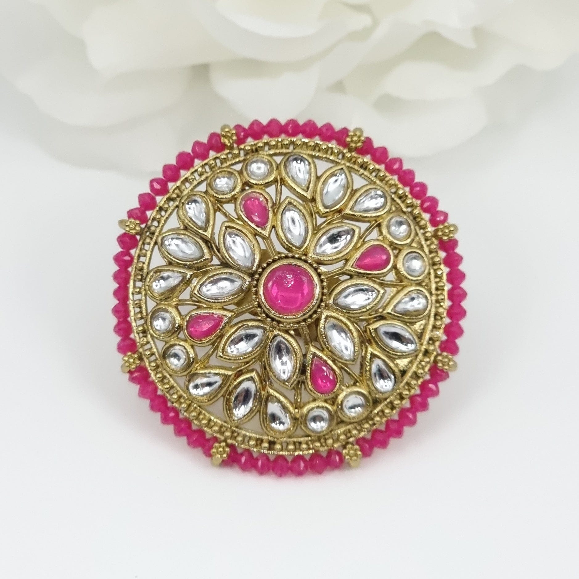 Kundan Mandala Statement Ring - Hot Pink - Fancy Fab Jewels