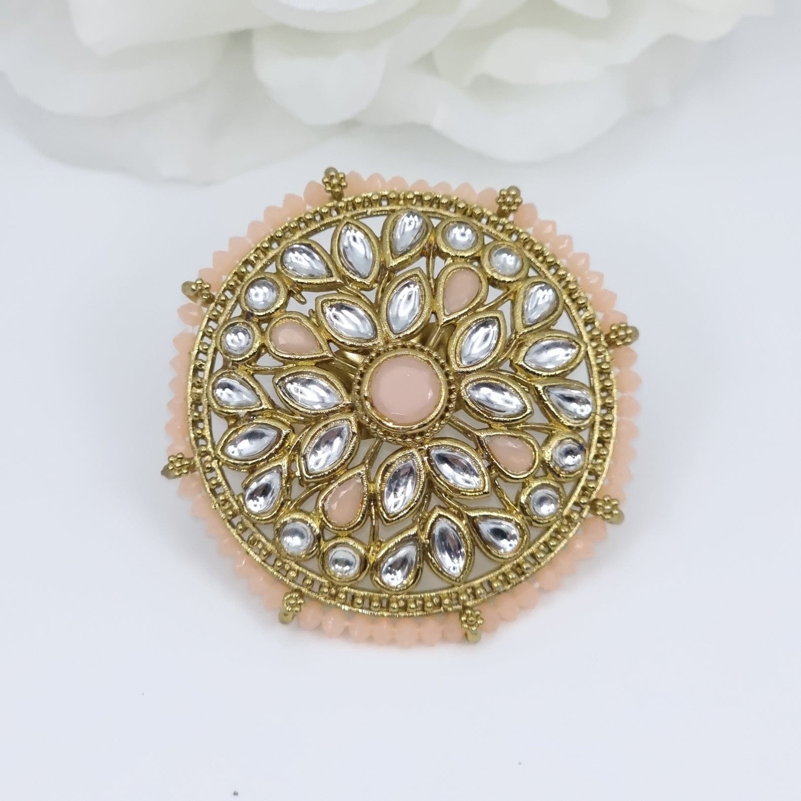 Kundan Mandala Statement Ring - Peach - Fancy Fab Jewels