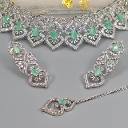 Mahi - Silver Mint AD CZ Choker Necklace set - Fancy Fab Jewels