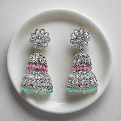 Maira Stunning Silver - Plated Polki Jhumka Earrings with colourfull Accents - Fancy Fab Jewels