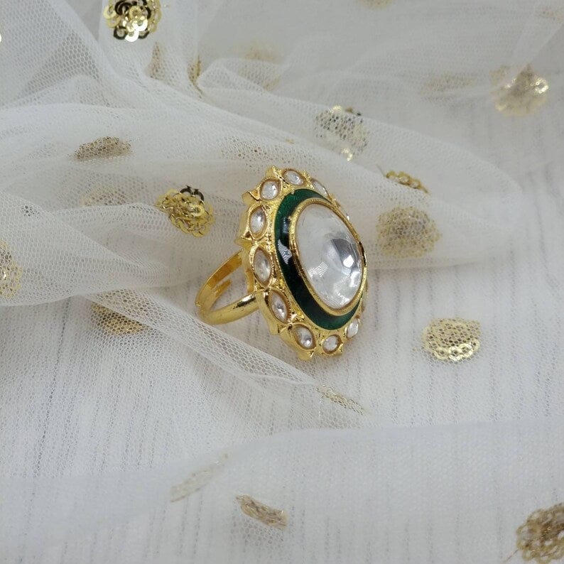 Meera Kundan Statement Ring - Green - Fancy Fab Jewels