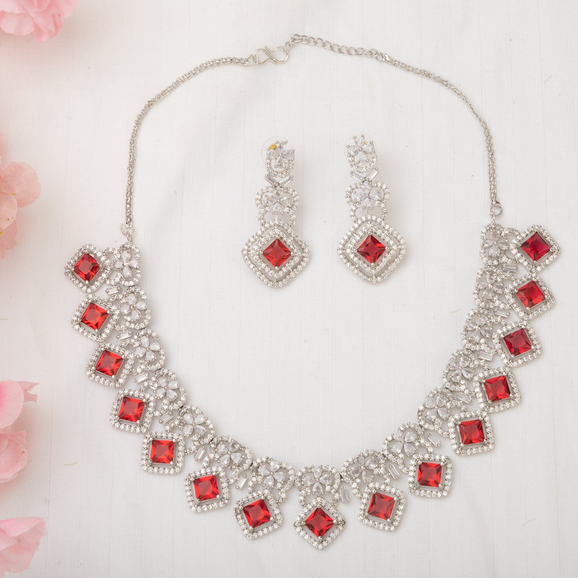 Mina - Silver Ruby American Diamond CZ Necklace set - Fancy Fab Jewels