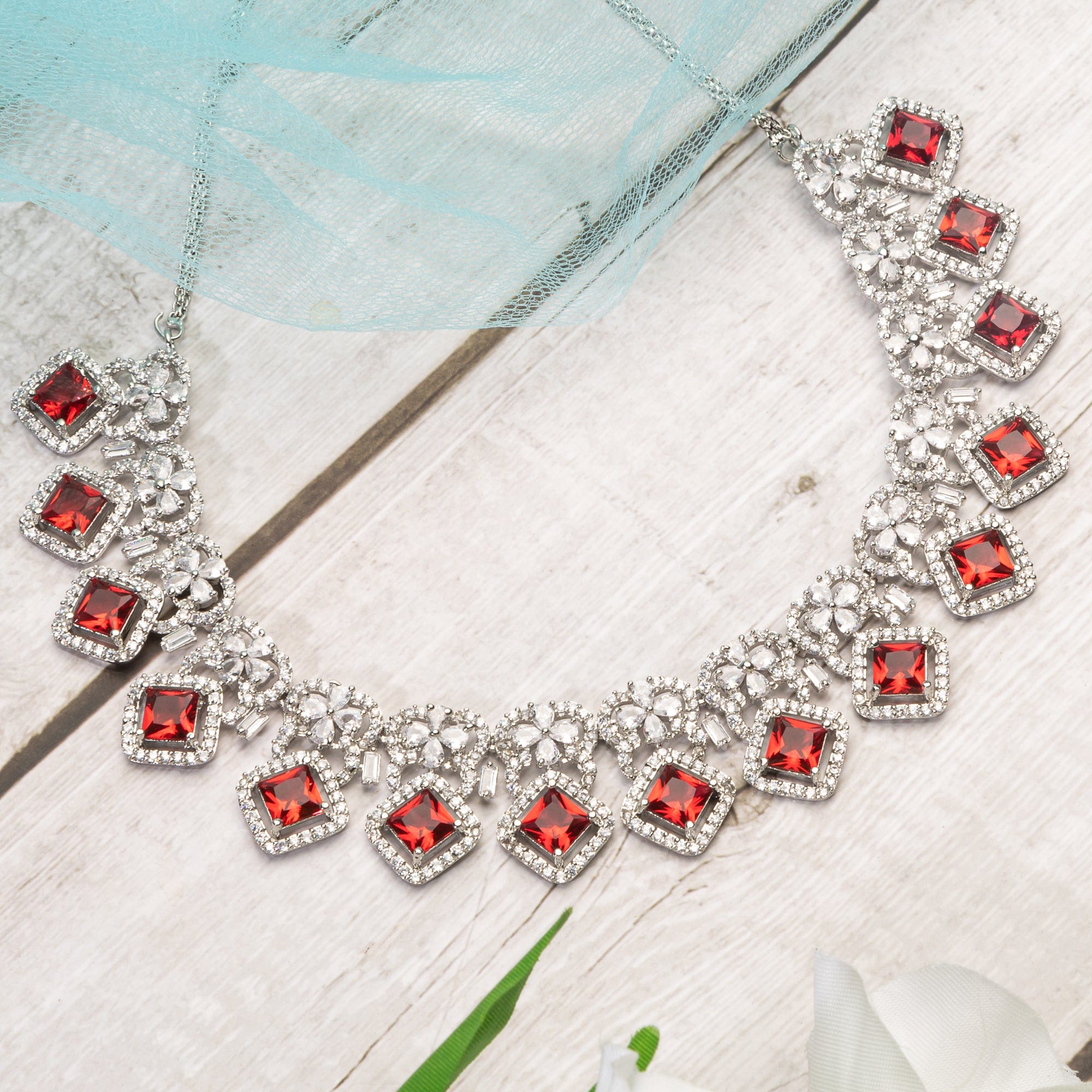 Mina - Silver Ruby American Diamond CZ Necklace set - Fancy Fab Jewels