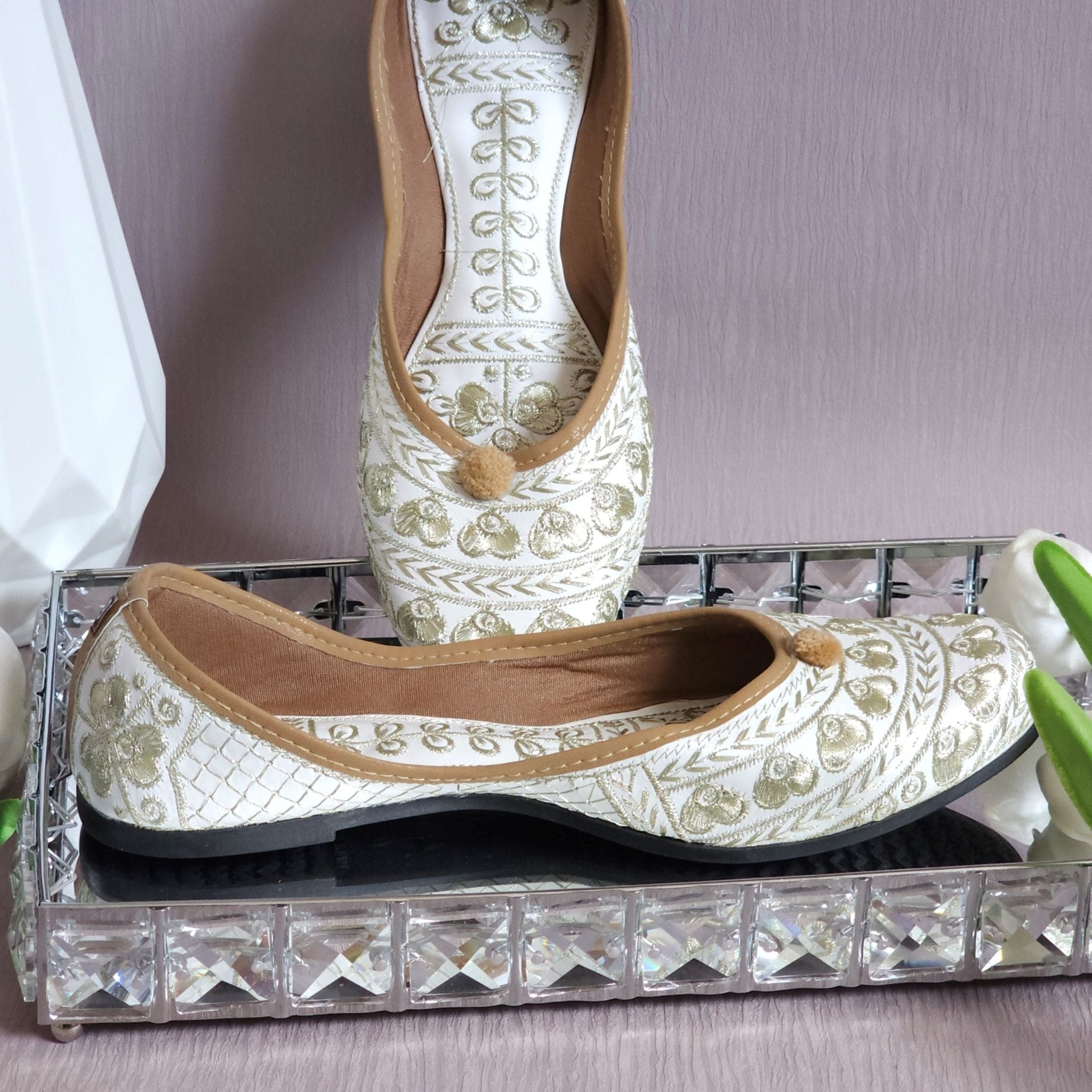 Mohini - White Gold work Ballerina Jutti Shoes - Fancy Fab Jewels