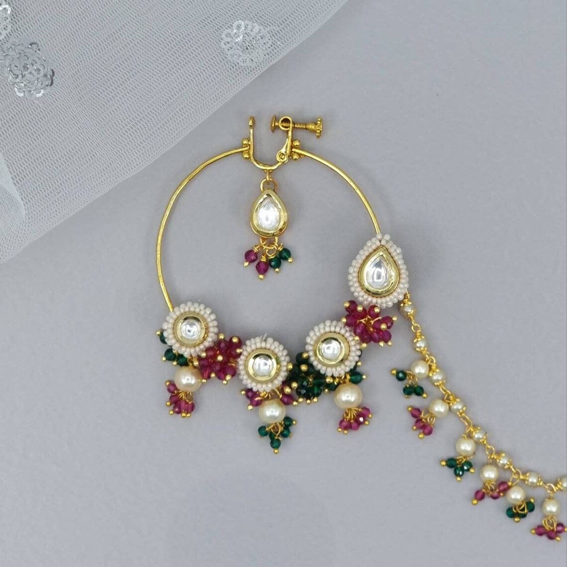 Multicolor Gold plated Kundan Bridal Nose Ring with chain - Fancy Fab Jewels