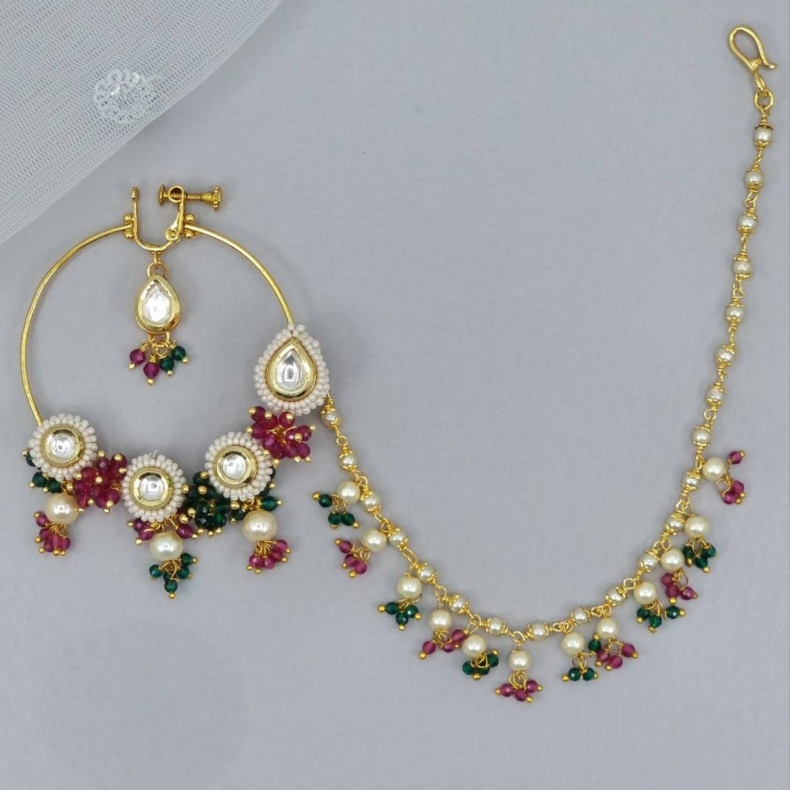 Multicolor Gold plated Kundan Bridal Nose Ring with chain - Fancy Fab Jewels