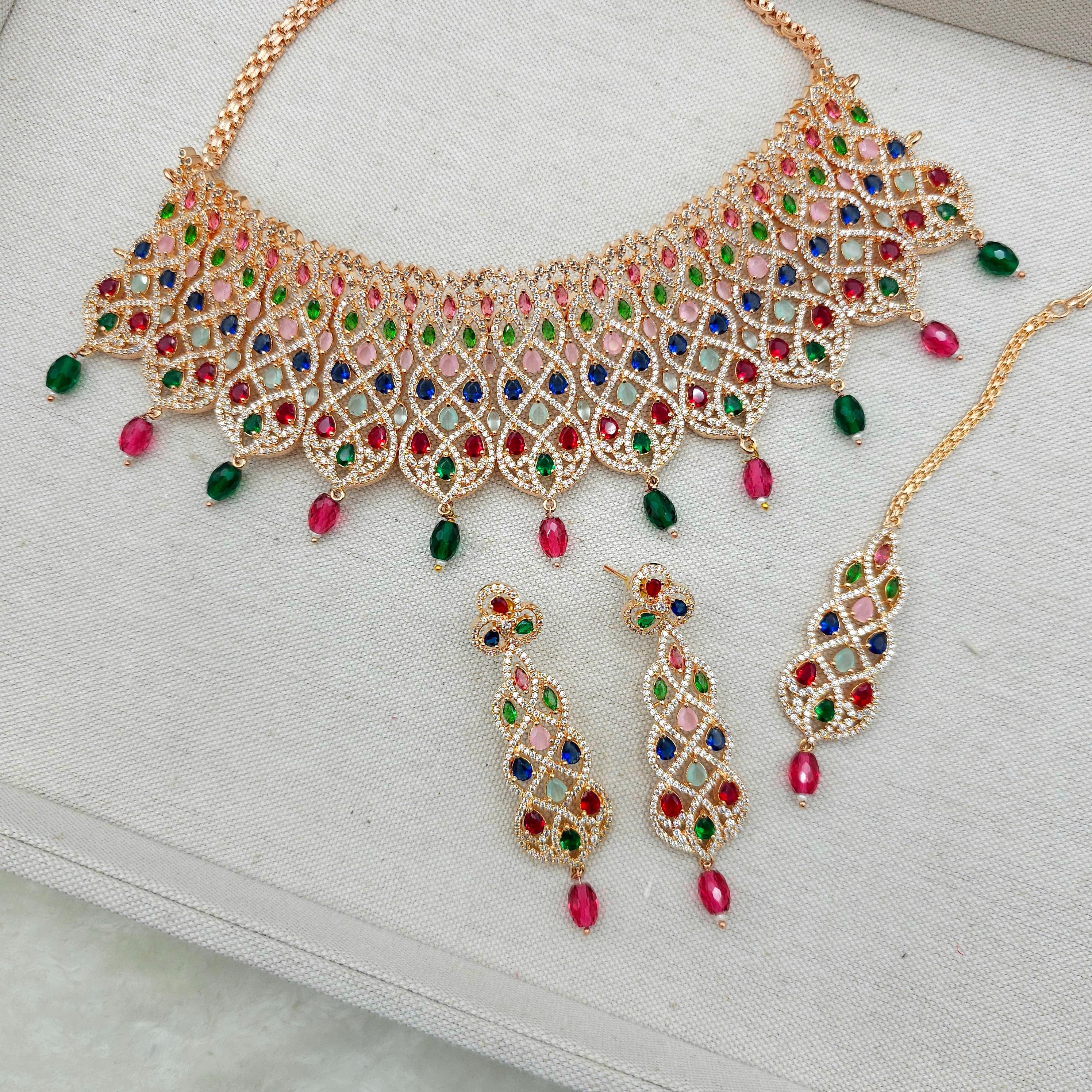 Zahra American Diamond CZ Rose Gold Choker Necklace Set