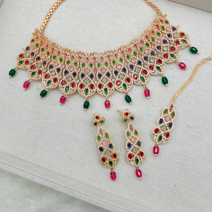Zahra American Diamond CZ Rose Gold Choker Necklace Set