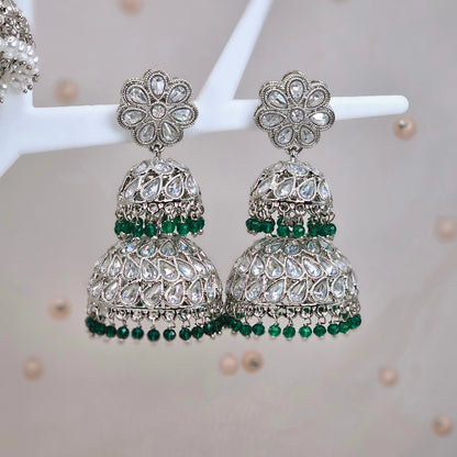 Maira Stunning Silver-Plated Polki Jhumka Earrings with colourfull Accents.