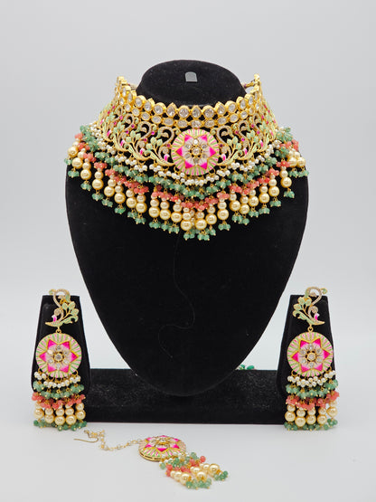Sarina Premium Quality Paachi Kundan Choker Necklace Set - Multicolour