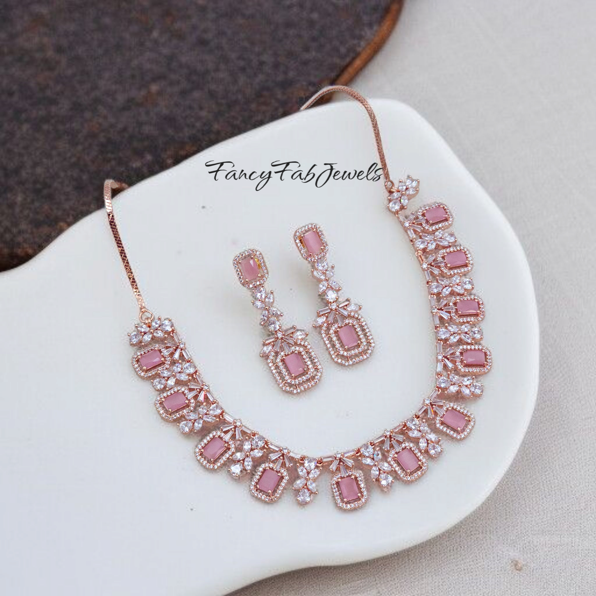 Rose Gold Pink AD Necklace set