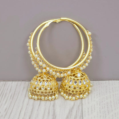 Poonam - Stunning White Kundan Gold Plated Hoop Jhumka Earrings.