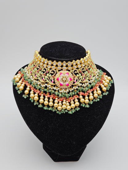 Sarina Premium Quality Paachi Kundan Choker Necklace Set - Multicolour
